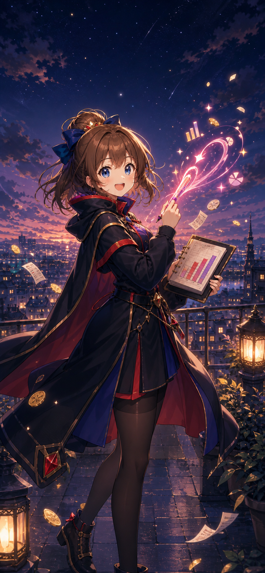 App 中的魔法少女手持账本与发光魔法笔，站在星空下的城市露台上